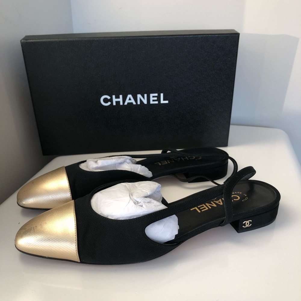 CHANEL sling back gold toe flats